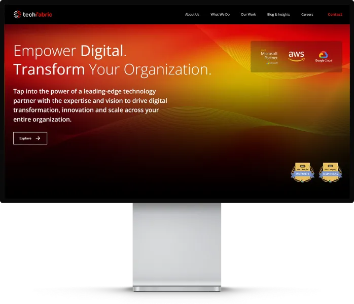 Large desktop screen showing TechFabric's website.